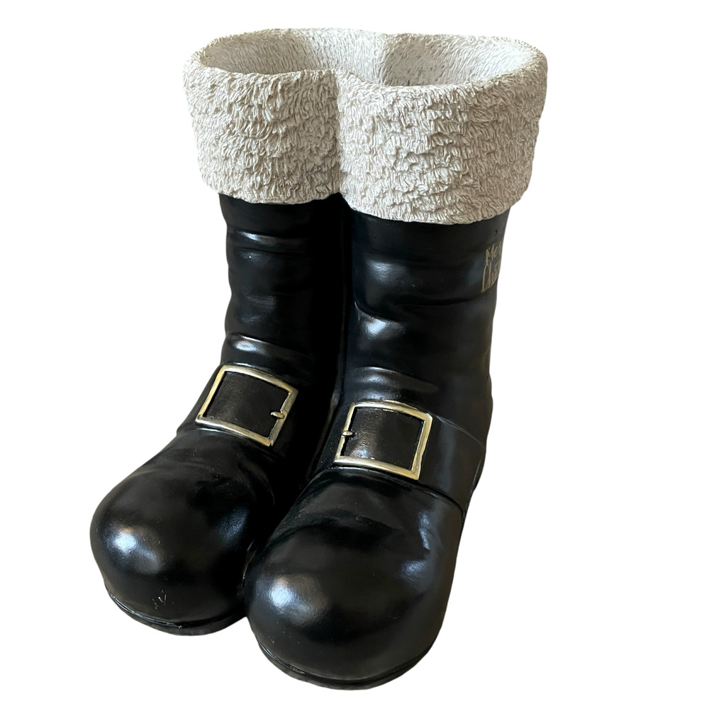 Santa Boots MERRY CHRISTMAS Container Planter Holiday Black Gold White Holiday